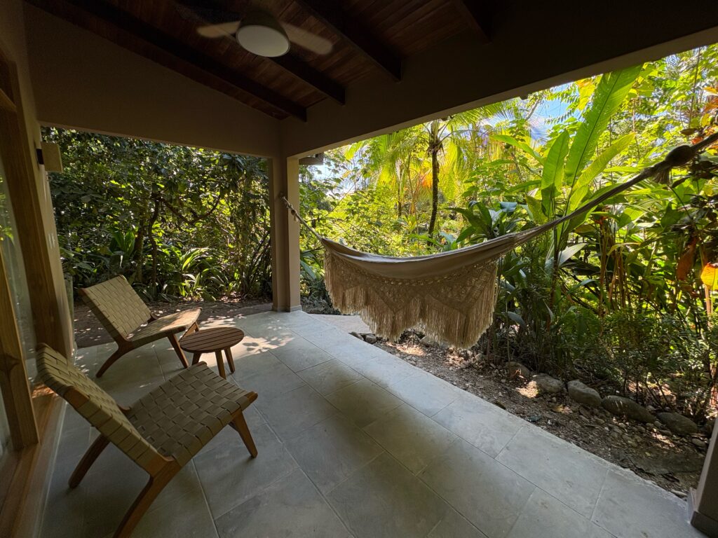 Macramé hammock on a jungle bungalow terrace