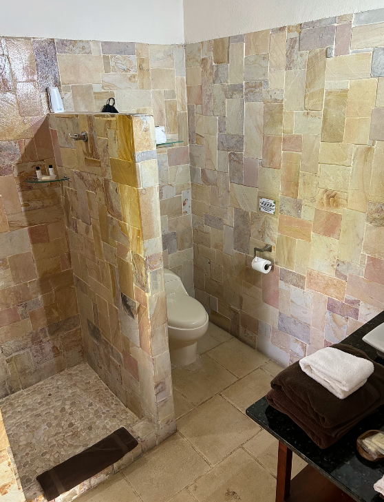 Stone-tiled walk-in shower in the Deluxe room