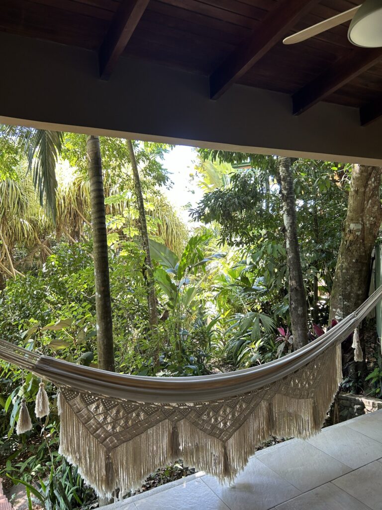 Macramé hammock looking out to the rainforest